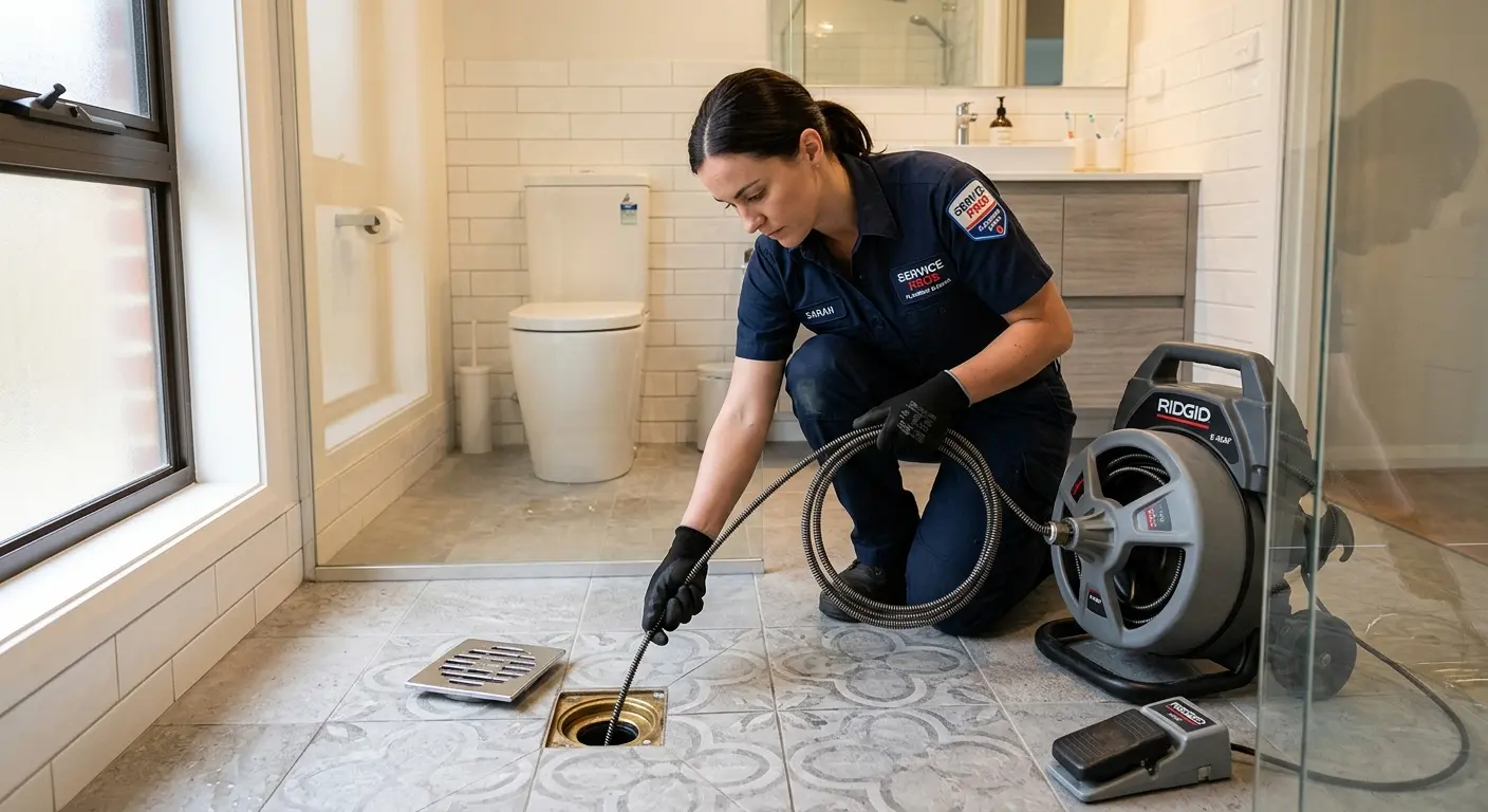 Technician clearing a bathroom floor drain for Drain Cleaning in Orange Park
